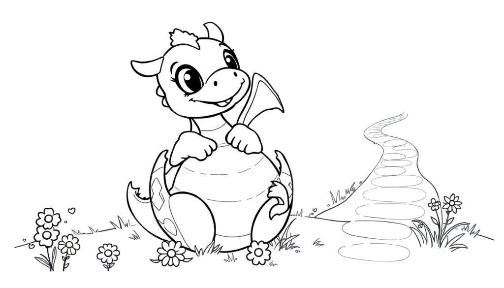A cute baby dragon peeking out of an egg in a color panel, with grass, flowers, and a stone path. π
