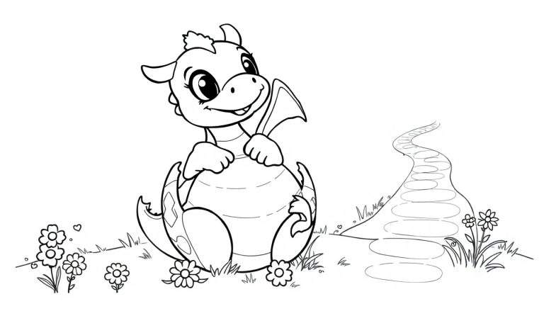 A cute baby dragon peeking out of an egg in a color panel, with grass, flowers, and a stone path. 🌈