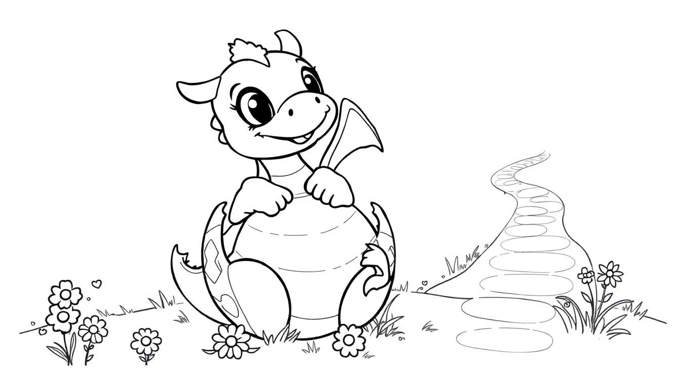 A cute baby dragon peeking out of an egg in a color panel, with grass, flowers, and a stone path. 🌈