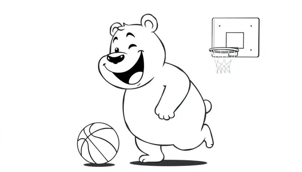 A cartoon bear playing basketball, a black and white color panel for kids.