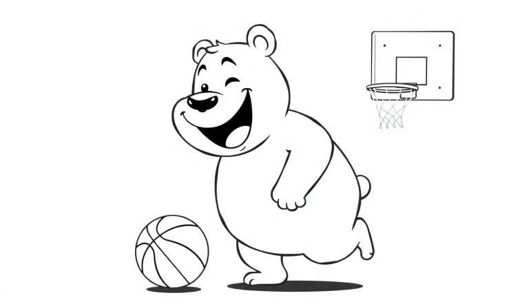 A cartoon bear playing basketball, a black and white color panel for kids.