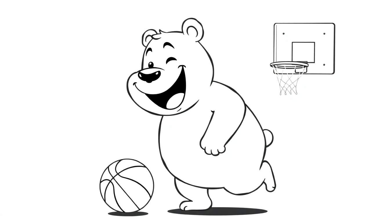 A cartoon bear playing basketball, a black and white color panel for kids.