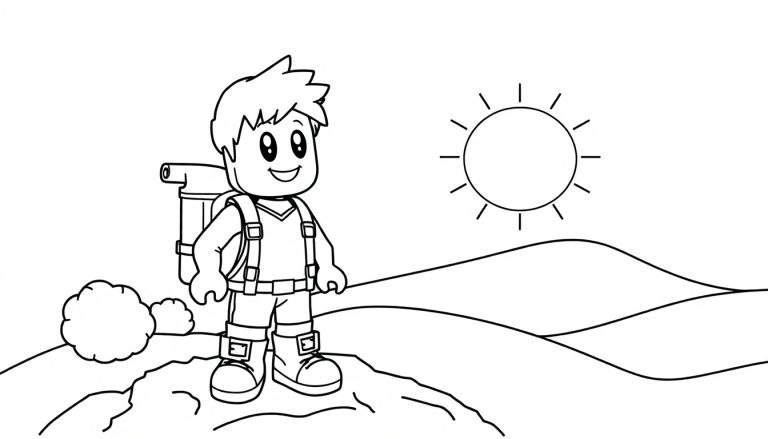 A black and white cartoon color panel of a Lego-style hiker with a backpack on a rocky mountain, ready for adventure.