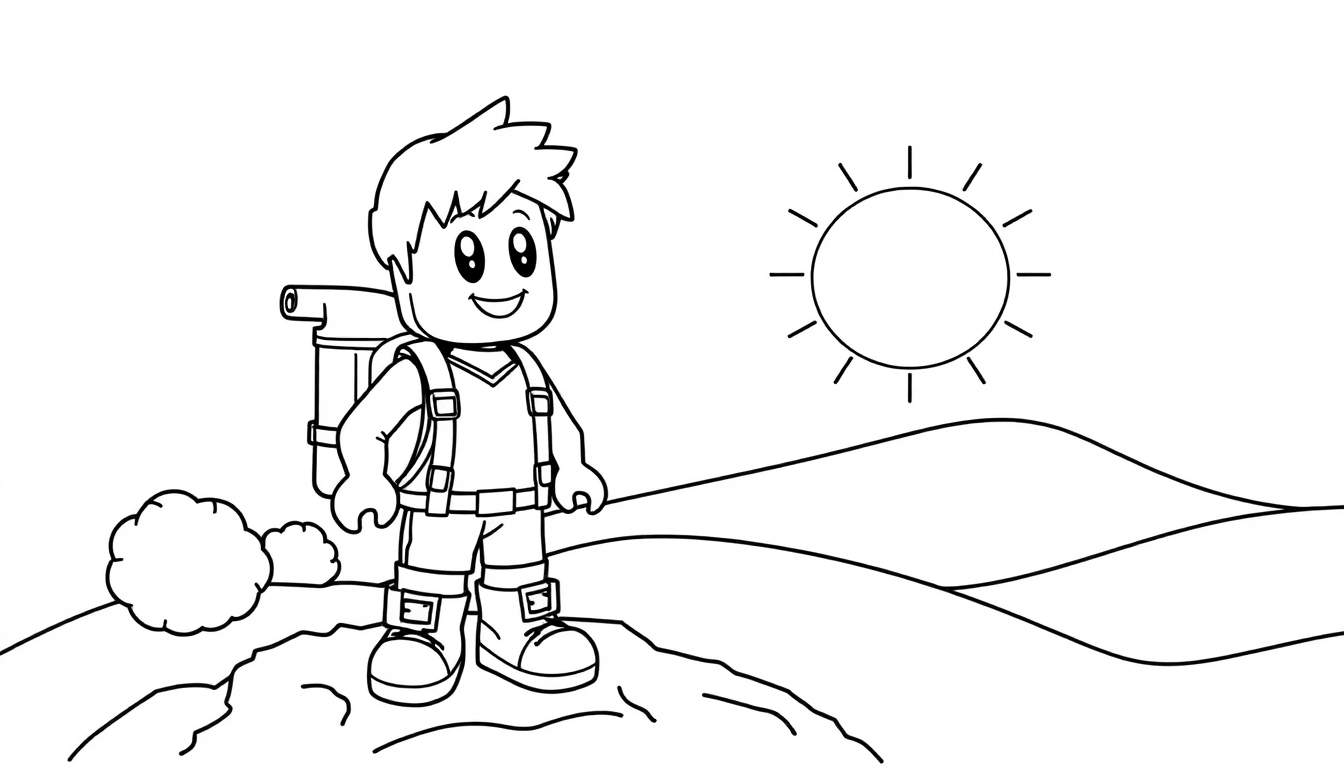 A black and white cartoon color panel of a Lego-style hiker with a backpack on a rocky mountain, ready for adventure.