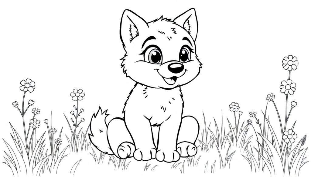 Cute wolf cub in a meadow color panel.