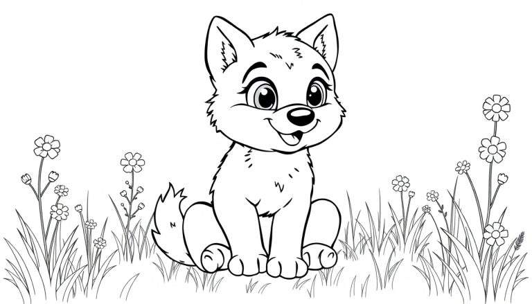 Cute wolf cub in a meadow color panel.