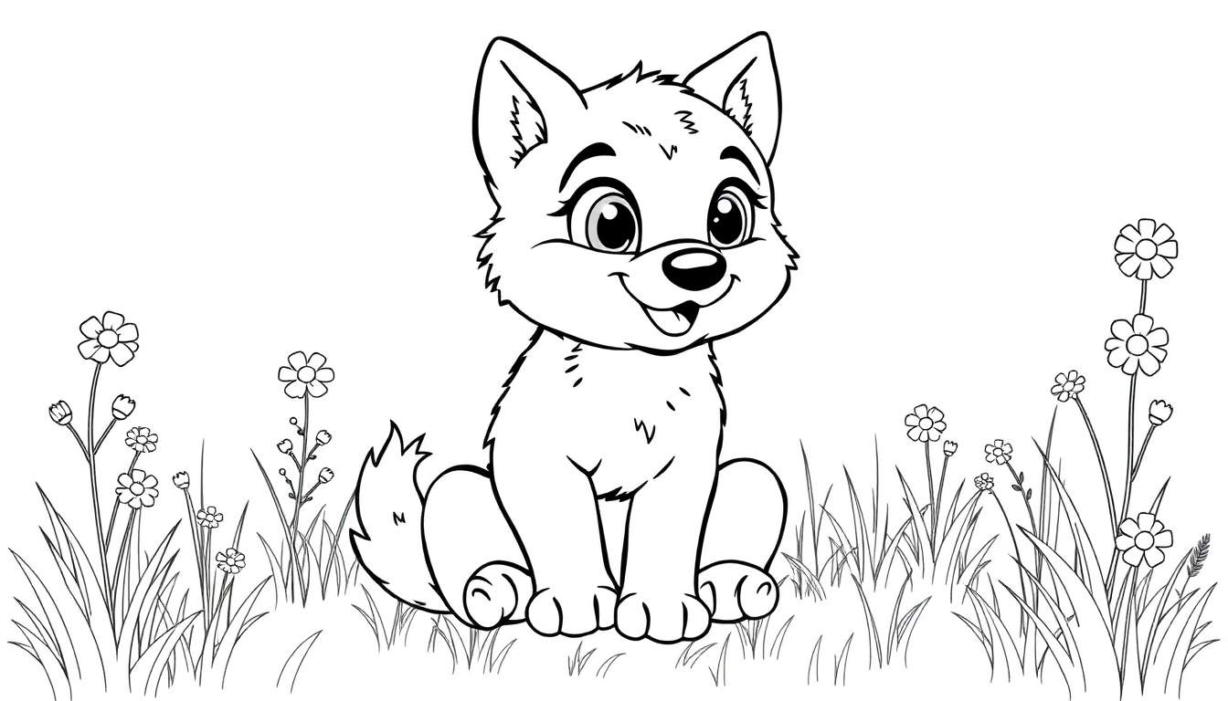 Cute wolf cub in a meadow color panel.