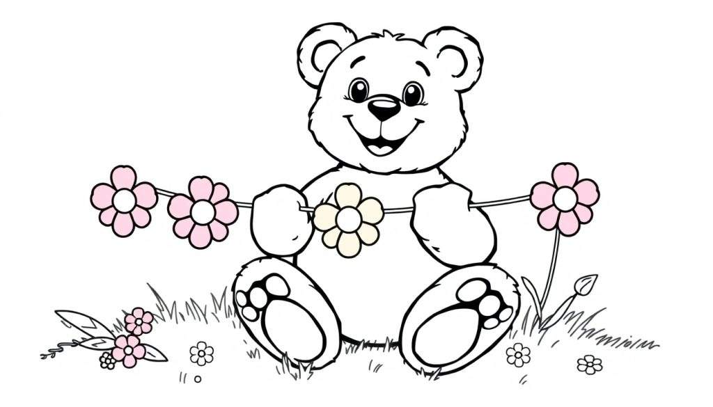A black and white coloring page color panel showing a happy teddy bear making a flower garland.