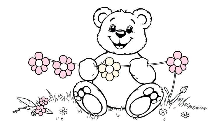 A black and white coloring page color panel showing a happy teddy bear making a flower garland.