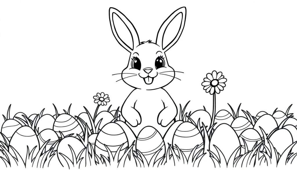 A happy Easter bunny is ready to be colored on this fun color panel, surrounded by decorated Easter eggs and springtime daisies.