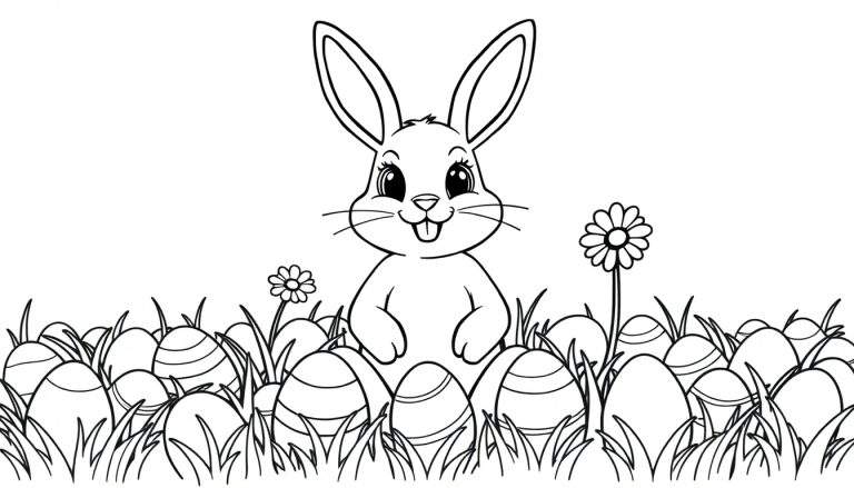 A happy Easter bunny is ready to be colored on this fun color panel, surrounded by decorated Easter eggs and springtime daisies.
