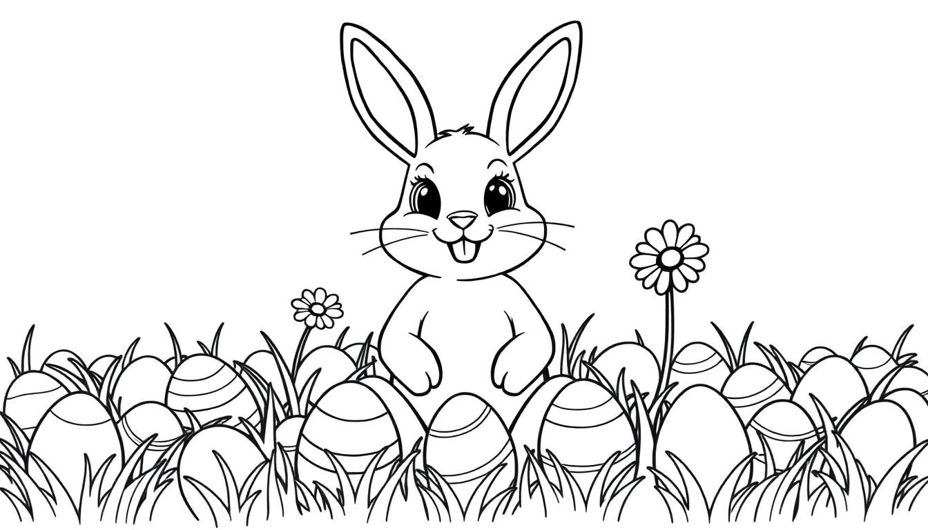 A happy Easter bunny is ready to be colored on this fun color panel, surrounded by decorated Easter eggs and springtime daisies.