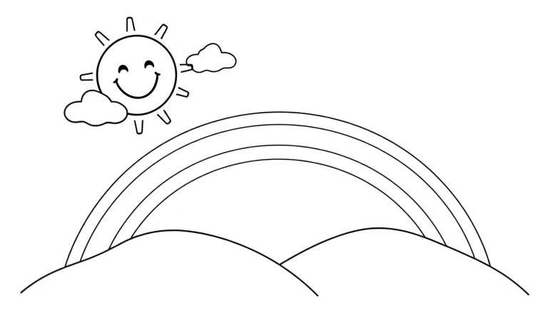 A happy sun smiling in a black and white coloring panel, with fluffy clouds and a rainbow over rolling hills.