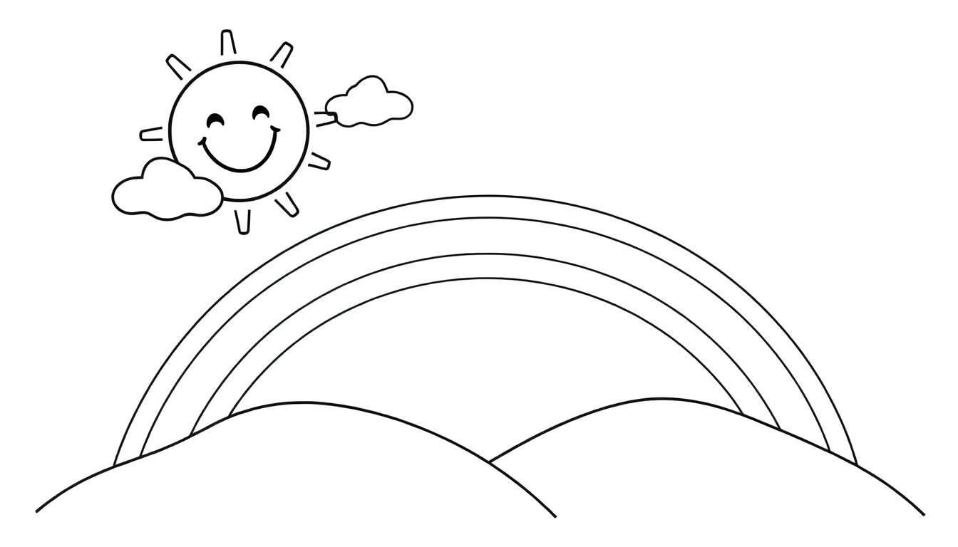 A happy sun smiling in a black and white coloring panel, with fluffy clouds and a rainbow over rolling hills.