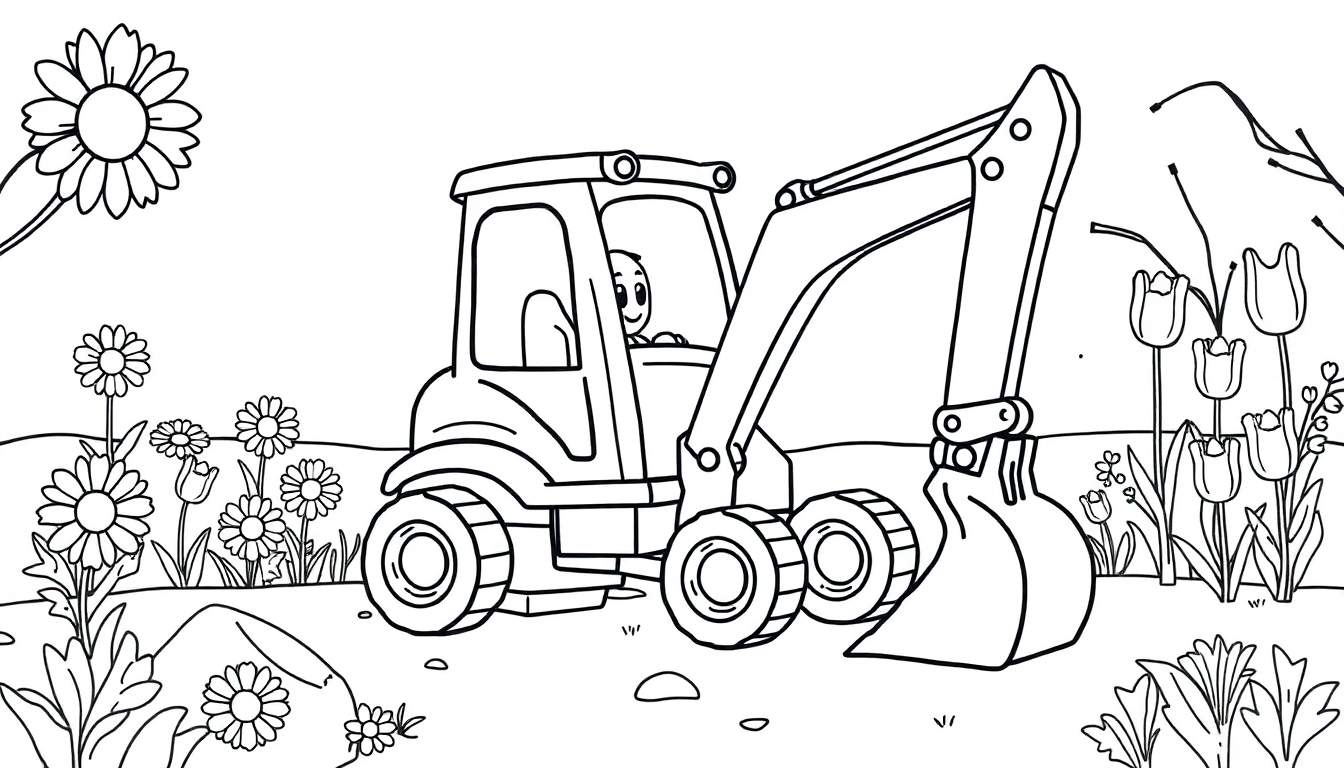 A cartoon excavator with a smiling driver is surrounded by blooming sunflowers and tulips in a park.