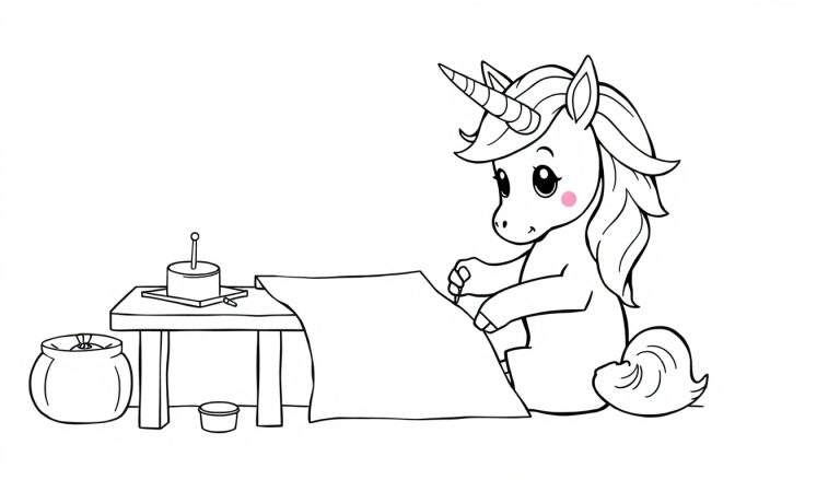 A cute unicorn writing on a color panel with a quill.