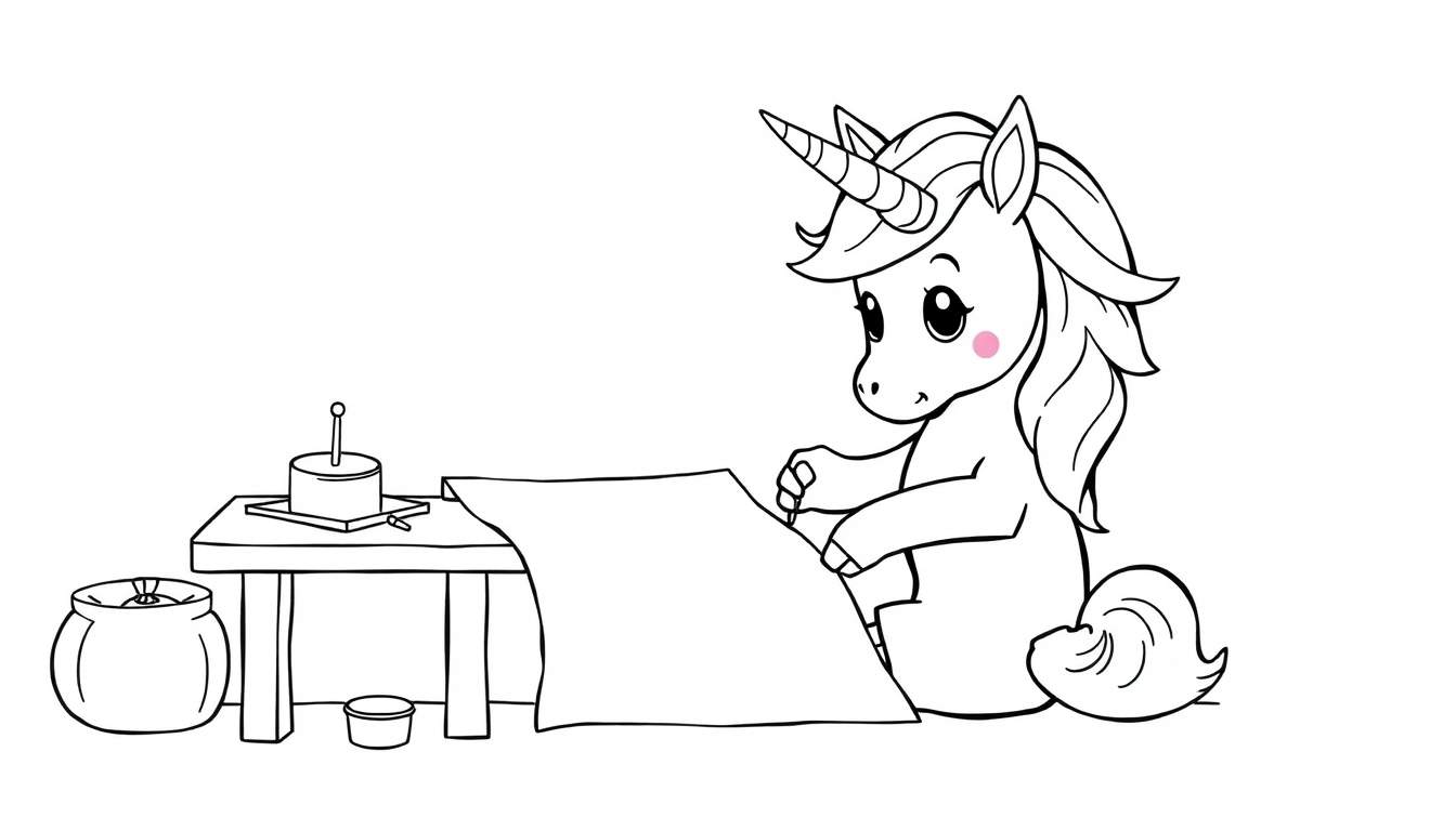 A cute unicorn writing on a color panel with a quill.