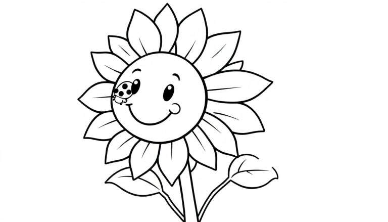 A happy sunflower with a ladybug on its petal, ready for coloring on this color panel.