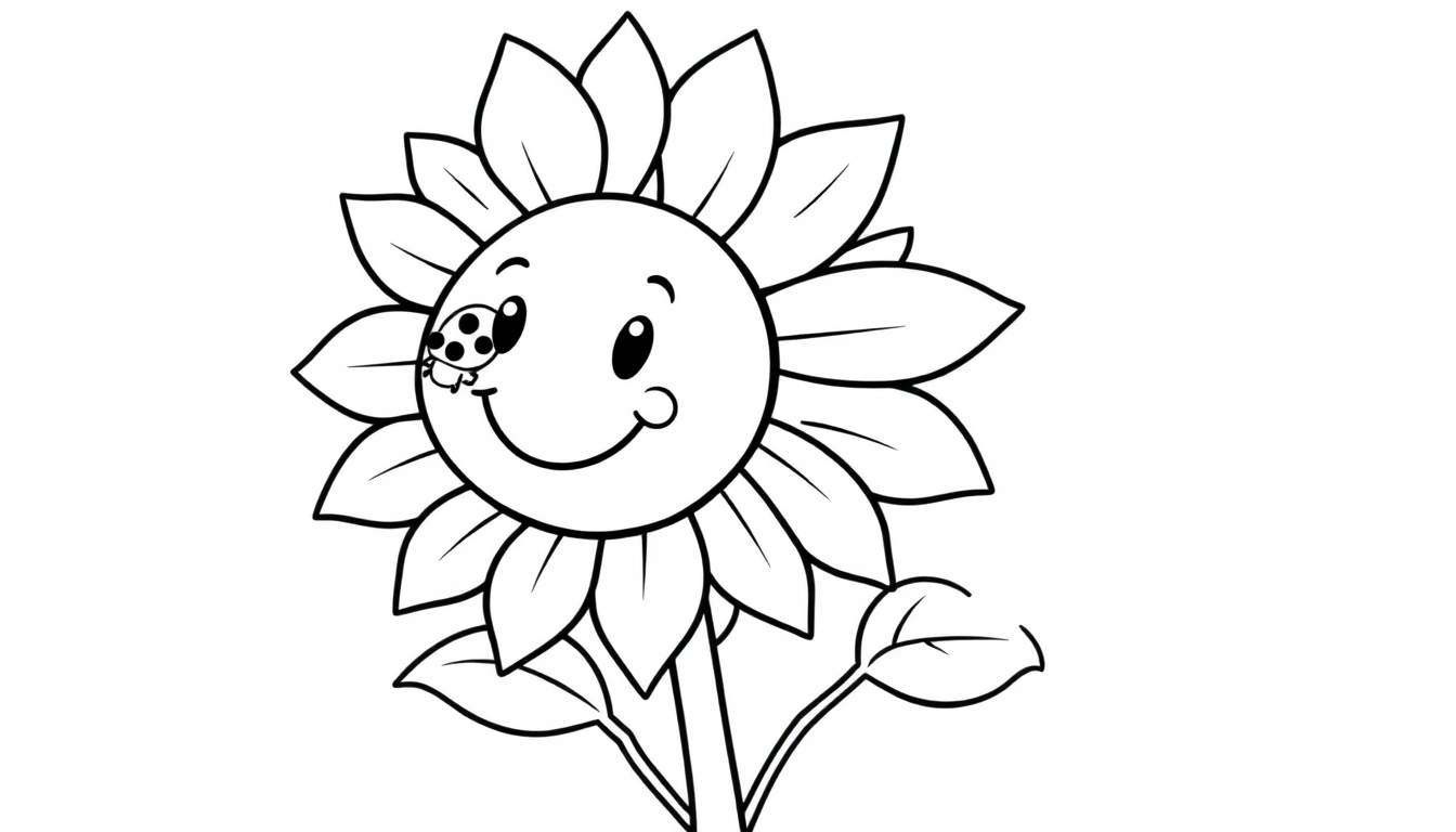 A happy sunflower with a ladybug on its petal, ready for coloring on this color panel.