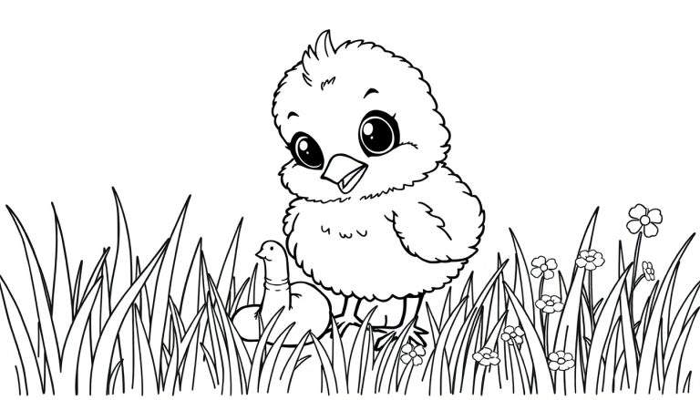 A cute baby chick in a black and white color panel pecking at a worm.
