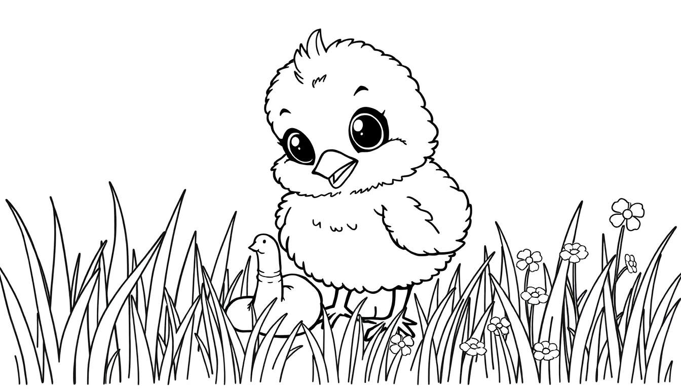A cute baby chick in a black and white color panel pecking at a worm.