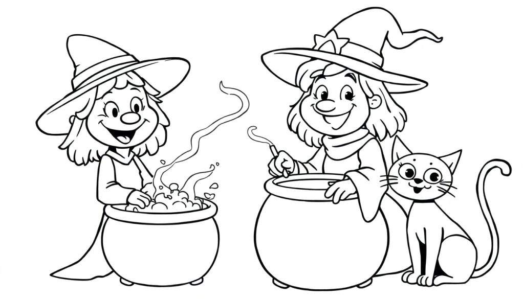 Two witches and a cat in a color panel, one witch stirring a bubbling cauldron, the other with a cat.