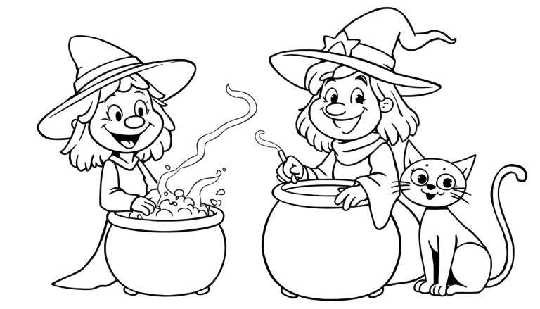 Two witches and a cat in a color panel, one witch stirring a bubbling cauldron, the other with a cat.