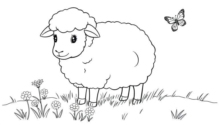 A cute cartoon sheep in a black and white color panel, ready to be colored.