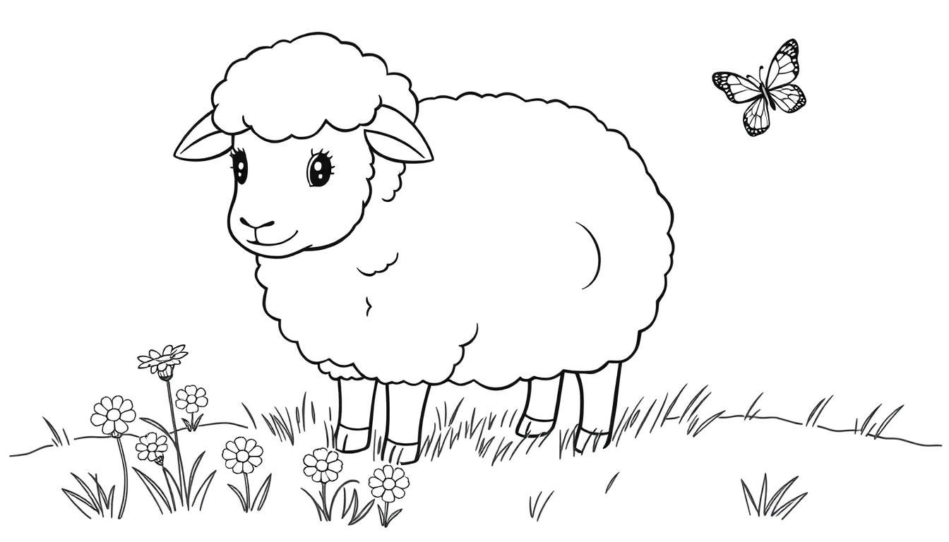 A cute cartoon sheep in a black and white color panel, ready to be colored.
