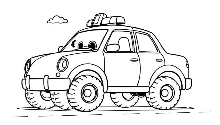A friendly black and white cartoon police car with big eyes and big wheels, ready to be colored. A simple color panel illustration.