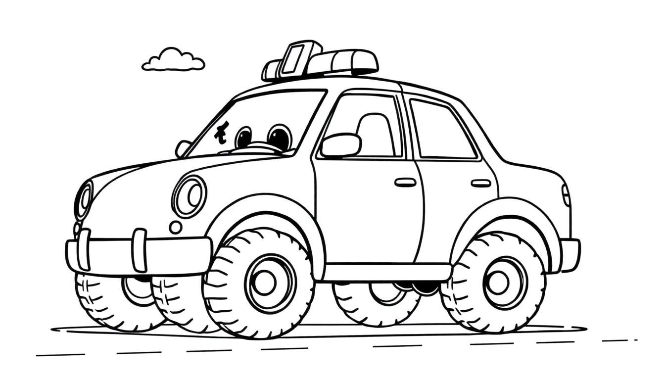 A friendly black and white cartoon police car with big eyes and big wheels, ready to be colored. A simple color panel illustration.