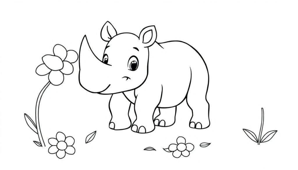 A cute cartoon rhino with a big horn, enjoying a field of flowers. This black and white color panel is perfect for coloring!