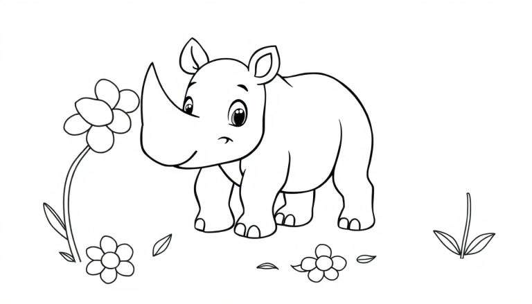 A cute cartoon rhino with a big horn, enjoying a field of flowers. This black and white color panel is perfect for coloring!