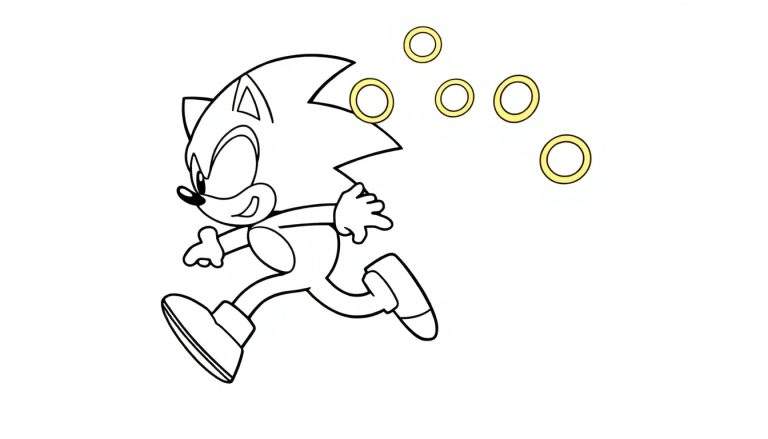 A cute black and white coloring page color panel of Sonic the Hedgehog running super fast with rings floating around him!
