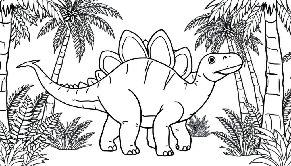 A friendly Stegosaurus, ready for a color panel adventure, with its iconic plates displayed against a prehistoric jungle backdrop. Black and white outline for coloring.