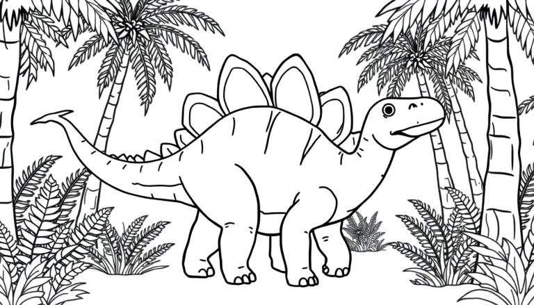A friendly Stegosaurus, ready for a color panel adventure, with its iconic plates displayed against a prehistoric jungle backdrop. Black and white outline for coloring.
