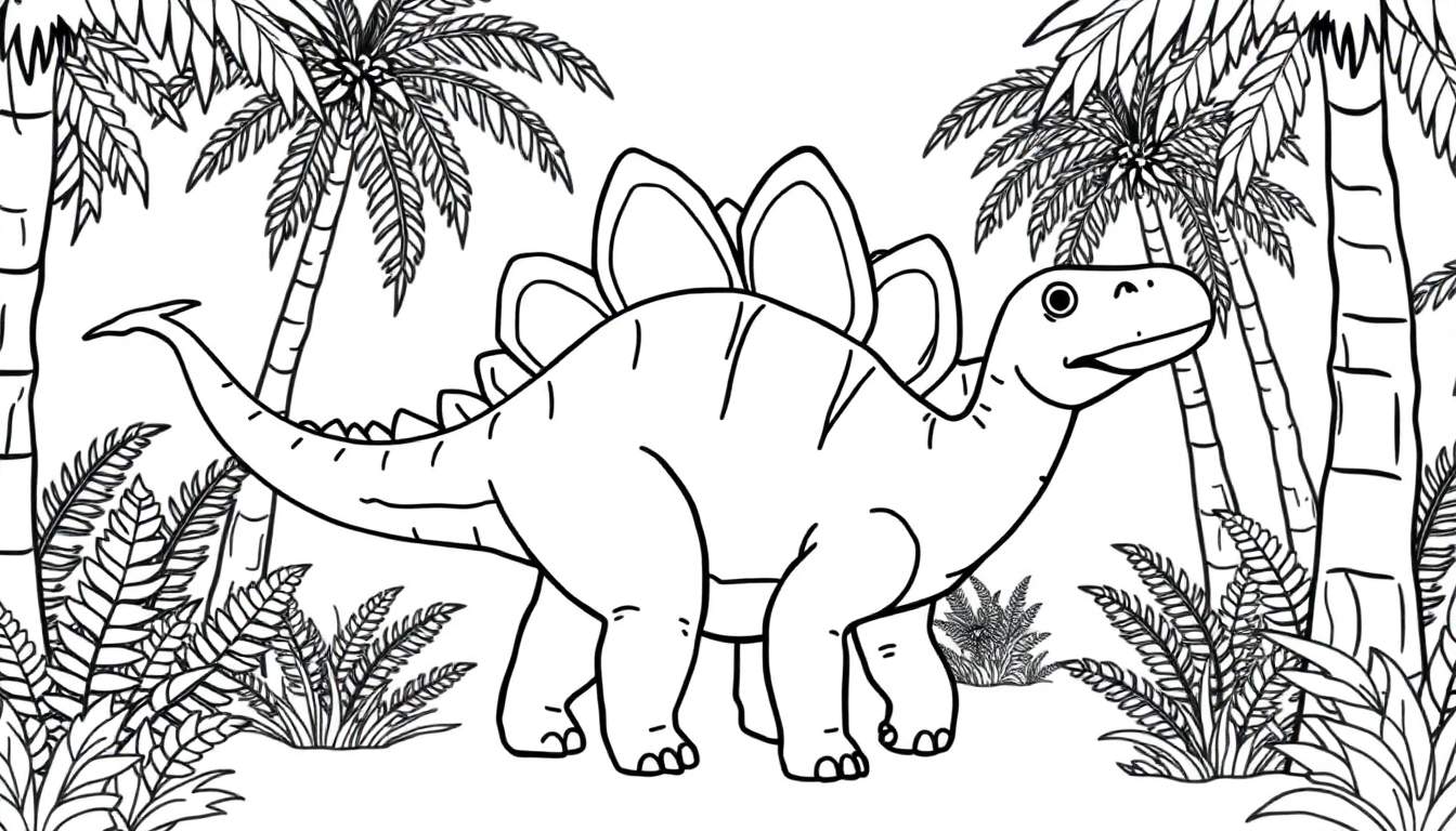 A friendly Stegosaurus, ready for a color panel adventure, with its iconic plates displayed against a prehistoric jungle backdrop. Black and white outline for coloring.