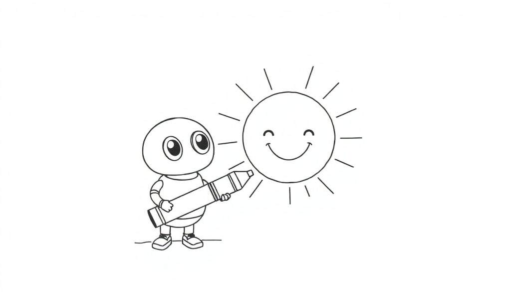 A little robot coloring a happy sun on a color panel.