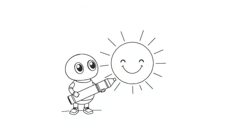 A little robot coloring a happy sun on a color panel.