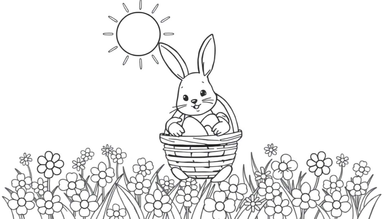 A black and white drawing of a cute bunny sitting in a basket full of Easter eggs, with flowers and a sun above.