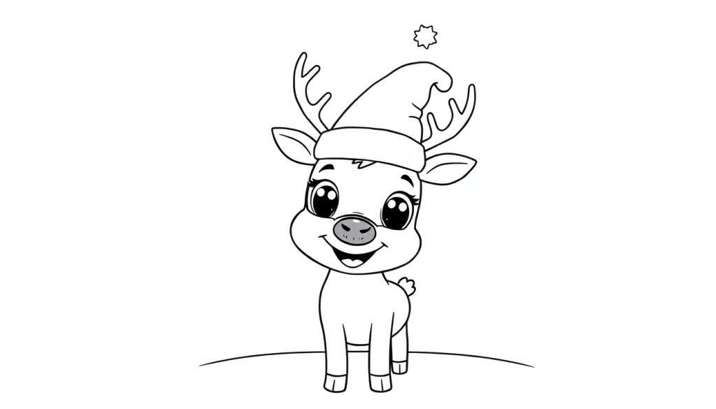 A cute cartoon reindeer wearing a Santa hat and smiling, ready for coloring on this color panel.