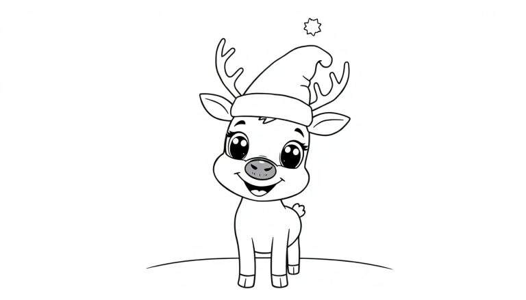 A cute cartoon reindeer wearing a Santa hat and smiling, ready for coloring on this color panel.