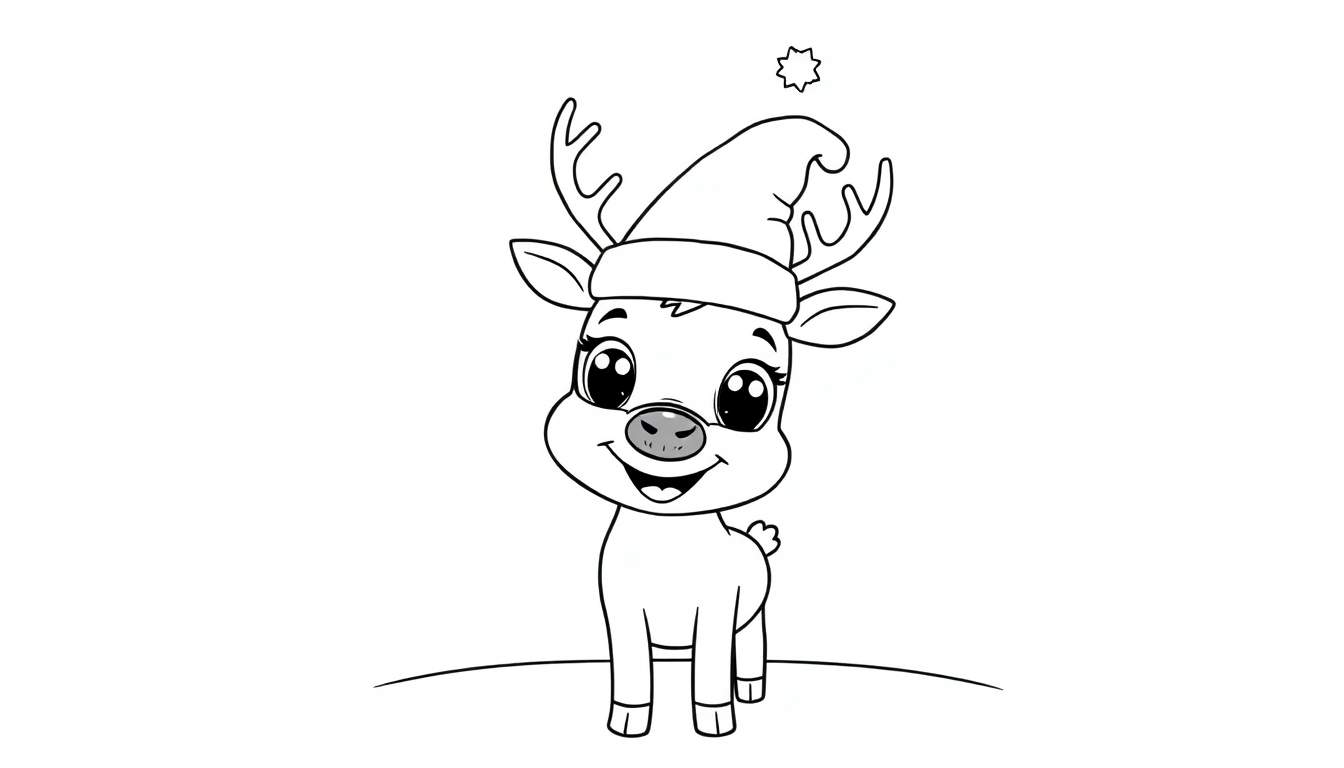 A cute cartoon reindeer wearing a Santa hat and smiling, ready for coloring on this color panel.