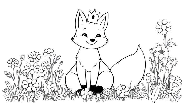 A friendly fox wearing a crown and smiling, sitting in a field of flowers, ready for the color panel.