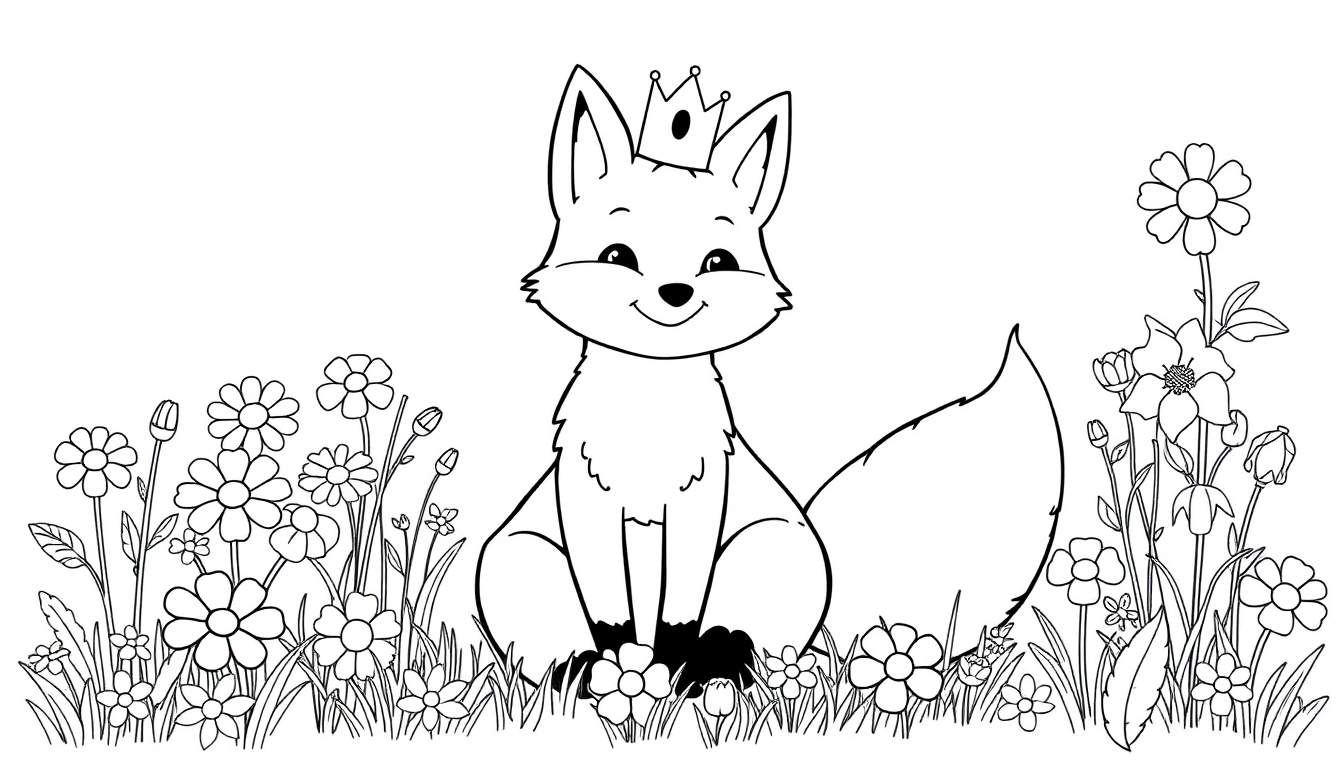 A friendly fox wearing a crown and smiling, sitting in a field of flowers, ready for the color panel.