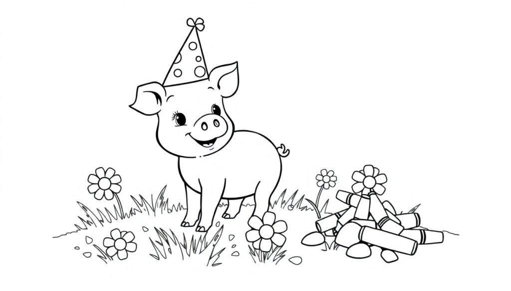A happy cartoon pig wearing a party hat in a grassy field with crayons, ready for a coloring panel.
