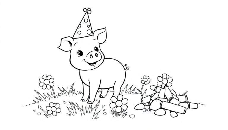 A happy cartoon pig wearing a party hat in a grassy field with crayons, ready for a coloring panel.