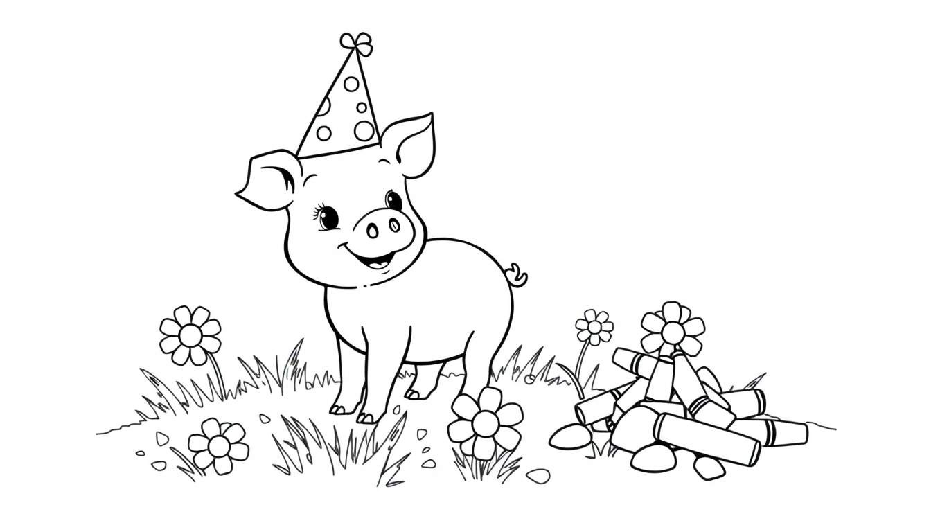 A happy cartoon pig wearing a party hat in a grassy field with crayons, ready for a coloring panel.