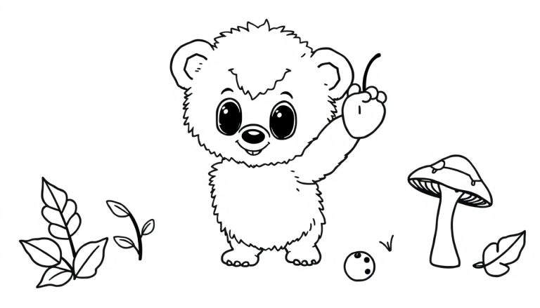 A cute cartoon bear cub in a forest color panel, holding a berry.