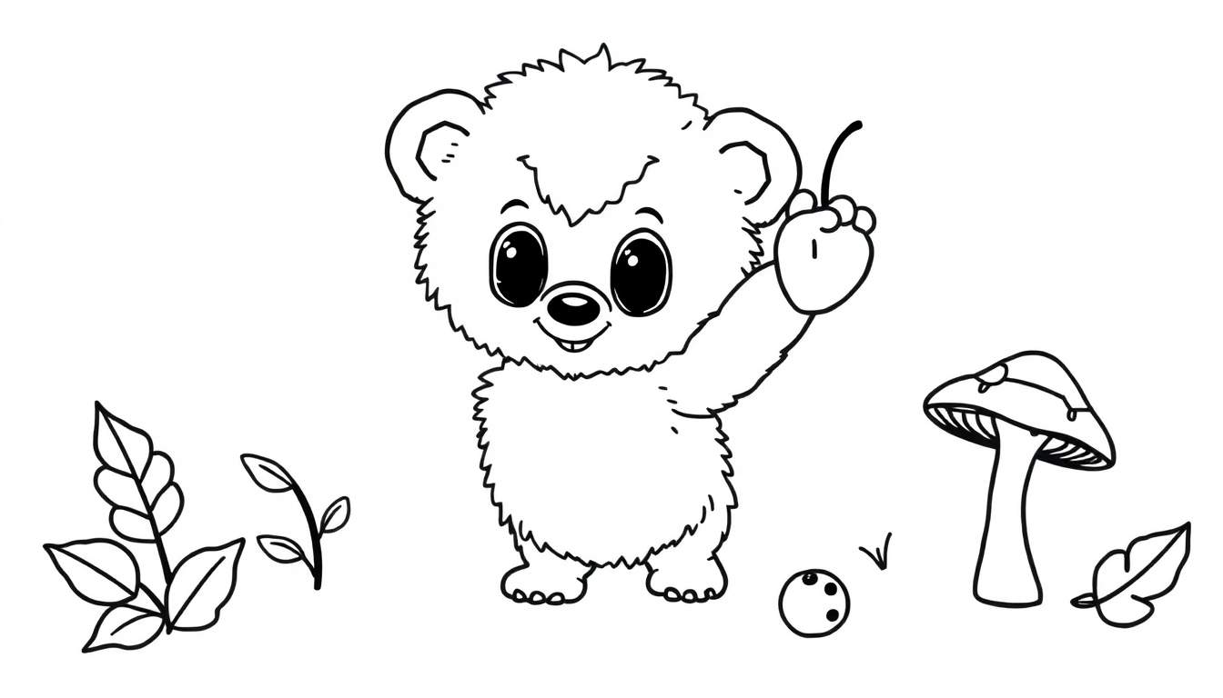 A cute cartoon bear cub in a forest color panel, holding a berry.